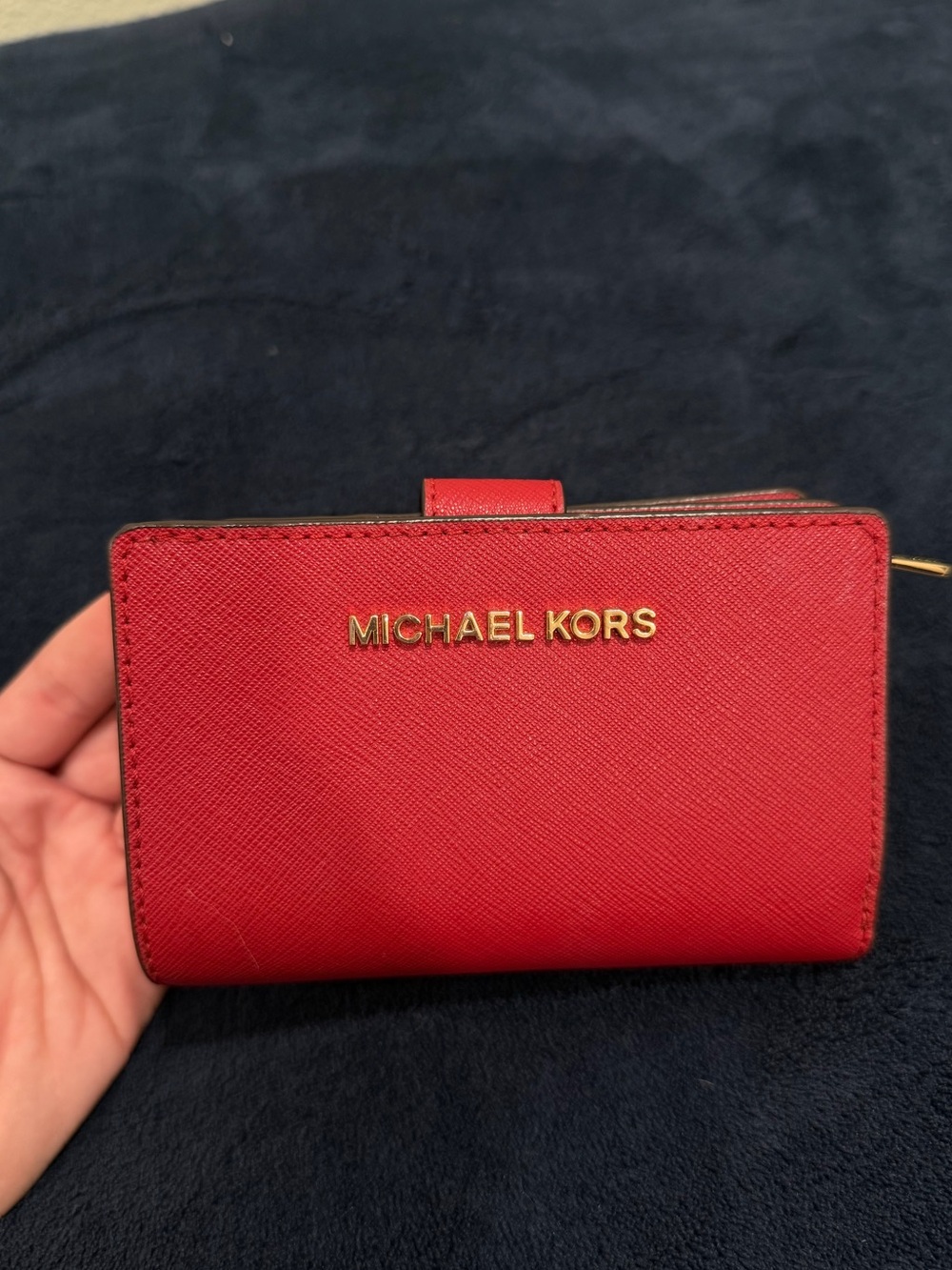 Michael Kors Cherry Bifold Zip Chain Crossgrain Leather Wallet